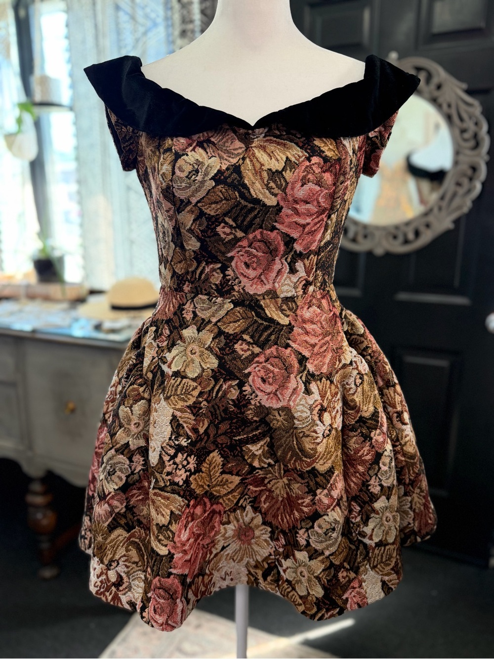 En Saison Black Floral Tapestry Mini Dress with Pink & Gold Blooms